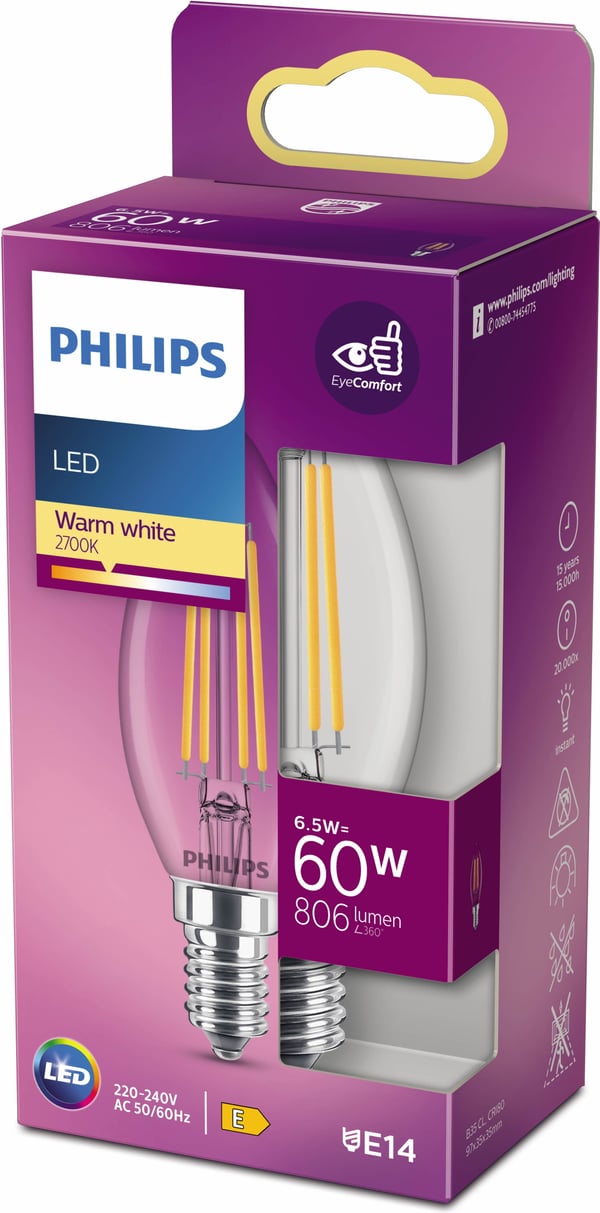 Philips LED Classic -kertelys, E14, 2700 K, 806 lm, klar