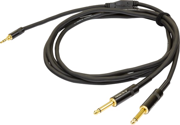 PROEL 3,5mm stereo han - 2 x 6,3mm mono han, 3m, sort