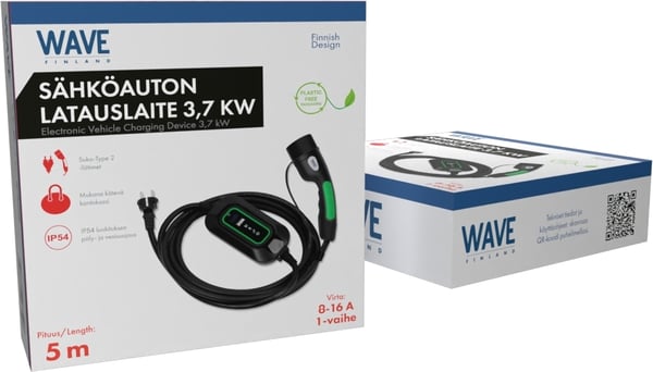 Wave EV 1-fas elektrisk bil laddare, 3,7 kW, 1 x 16 A, Type2, 5 m, svart