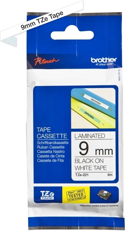 Brother TZe-221 -etikettband, 9 mm x 8 m, svart på vit bakgrund