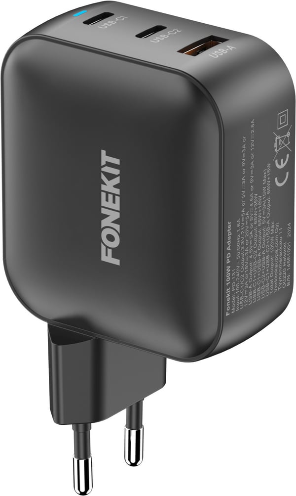FoneKit GaN PD 100W -nätadapter, USB-C + USB-C + USB-A, svart