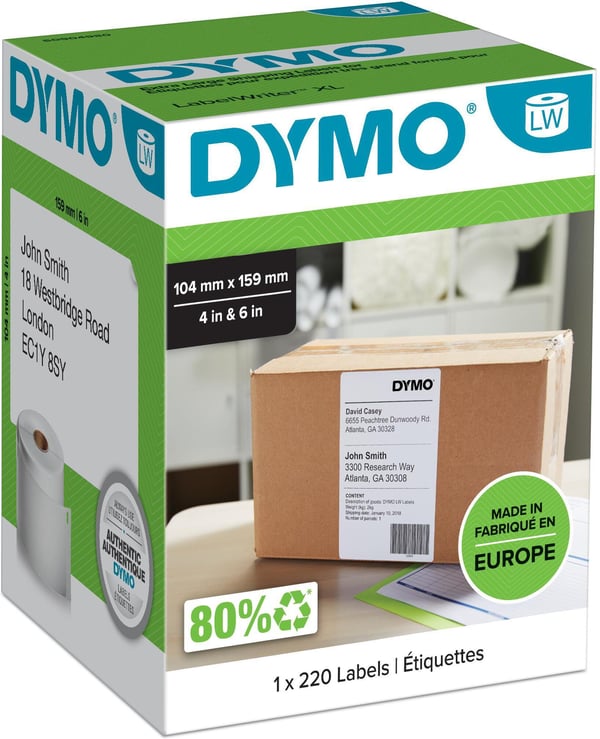 Dymo LabelWriter 4XL -frakkleveransetiketter 104 mm x 159 mm, 220 etiketter, vit