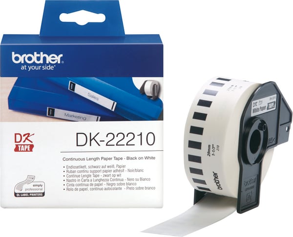 Brother DK-22210 -etikettrulle, 29 mm, svart/vit