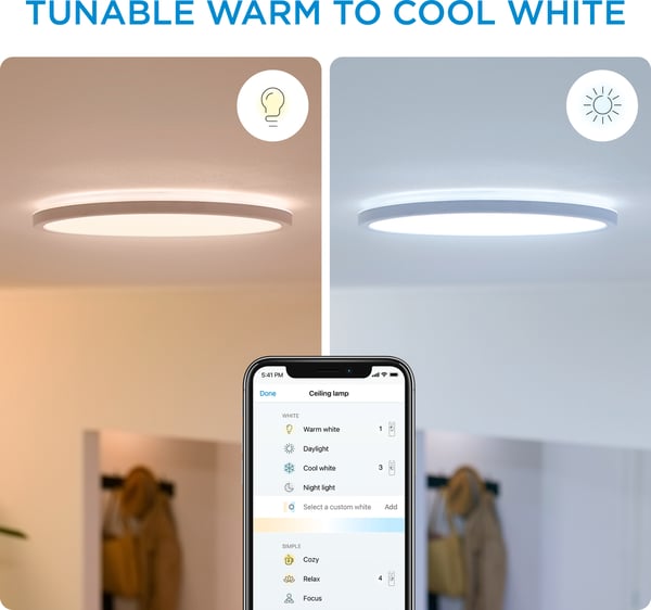 WiZ SuperSlim -loftlampe, rund, hvid, 14 W, justerbar hvid belysning, Wi-Fi