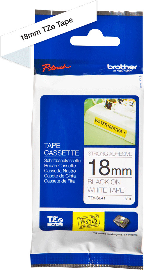 Brother TZe-S241 -etikettband, 18 mm x 8 m, svart på vit botten