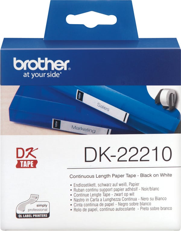 Brother DK-22210 -etikettrulle, 29 mm, svart/vit