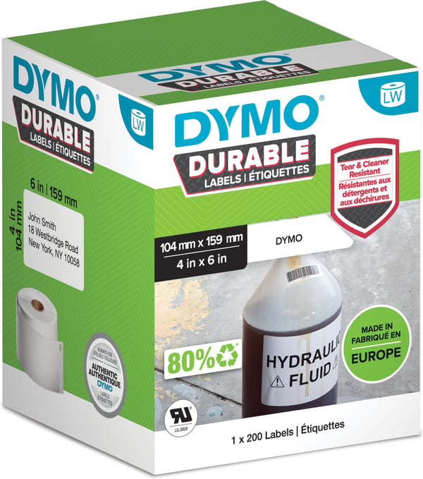 Dymo LW Durable -beständigsetikett 104 mm x 159 mm, 200 etiketter, vit polyester