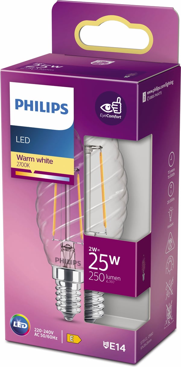 Philips Classic LED -skruvljus, E14, 2700 K, 250 lm, klar yta