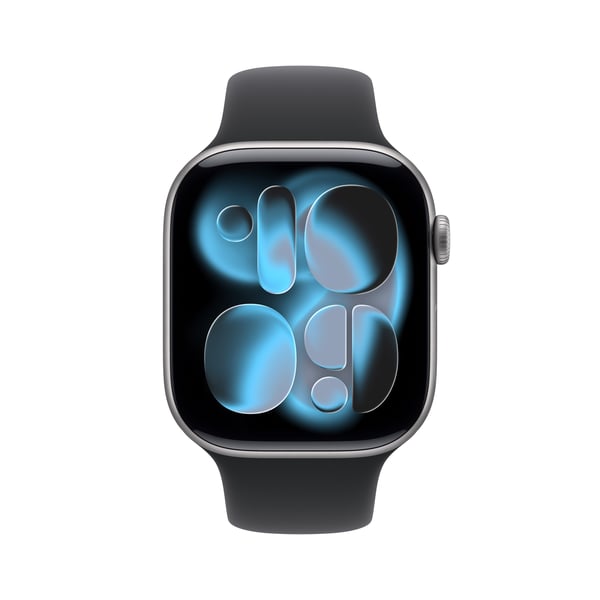 Apple Watch Series 11 (GPS) 46 mm stjärngrå aluminiumhölje och svart sportarmband, M/L