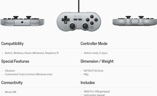 8BitDo SN30 Pro USB -spelkontroll, grå, Switch / PC