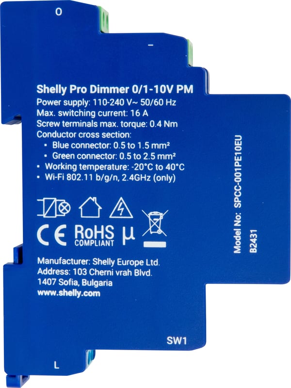 Shelly Pro Dimmer 0/1-10V PM -DIN-skenhärdare för Wi-Fi-nätverk