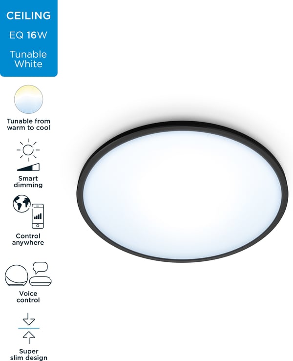 WiZ SuperSlim -takplafond, rund, sort, 16 W, justerbar hvid, Wi-Fi