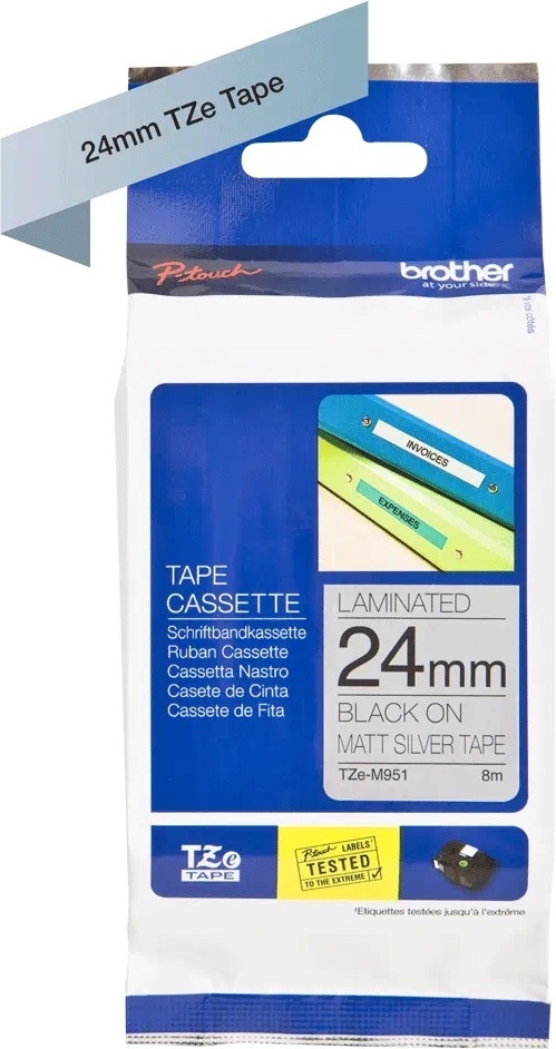 Brother TZe-M951 -etikettiremmi, 24 mm x 8 m, svart med mattsilver botten