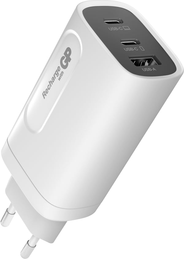 GP GaN PD 65 W -nätadapter, 2x USB-C + 1x USB-A, vit