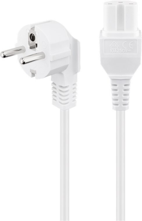 Goobay type F, CEE 7/7 - C15 strømkabel med vinkelstik, 2 m, hvid