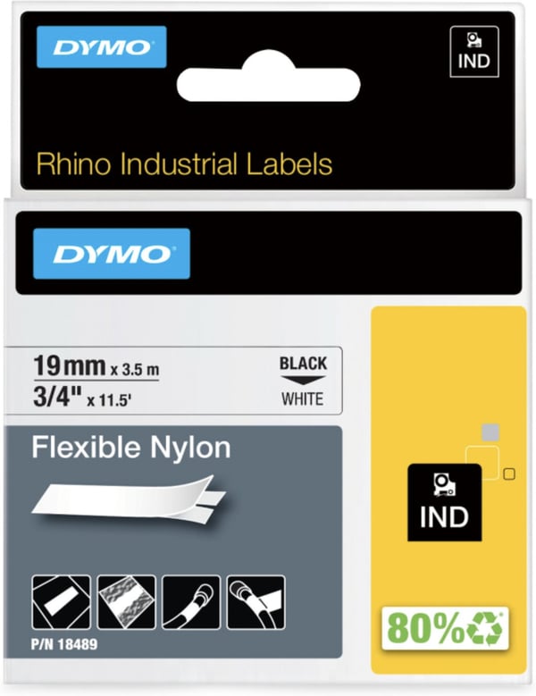 Dymo Rhino Industrial - flexibel nylonband, 19 mm x 3,5 m, svart med vit botten