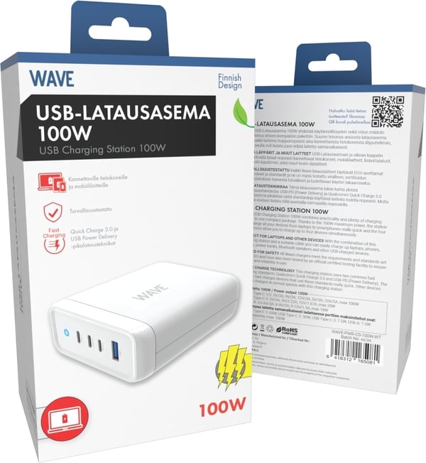 Bølge 100 W USBopladningsstation, 3x USBC + 1x USBA, hvid.