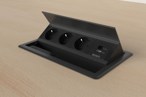 DELTACO indbygget strømafbryder, udsparingsklar, 3 stik, 1x21W A+C USB-oplader, GST18-tilslutning