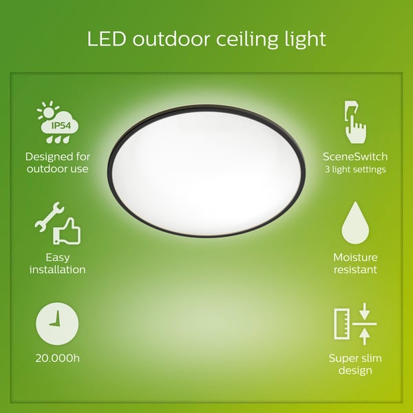 Philips SuperSlim -takplafond för utomhusbruk, SceneSwitch, svart, IP54, 4000K