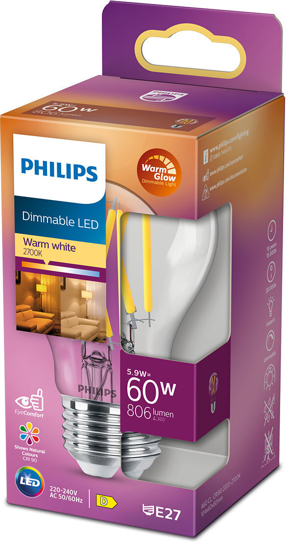 Philips Warm Glow LED-lampe, E27, 2700 K, 806 lm, CRI 90