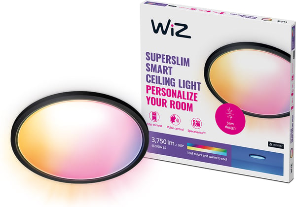 WiZ SuperSlim loftlampe, rund, sort, WiFi, 32 W, RGB, 2200-6500 K, 3750 lm