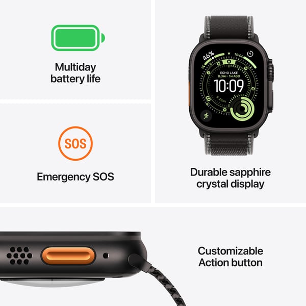 Apple Watch Ultra 3 (GPS + Cellular) 49 mm svart titanboett och svart Trail-armband, M/L