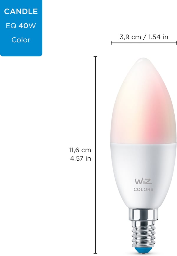WiZ smartlampe, E14, RGBW - alle farver og nuancer af hvidt lys, Wi-Fi, 470 lm, 2-pak