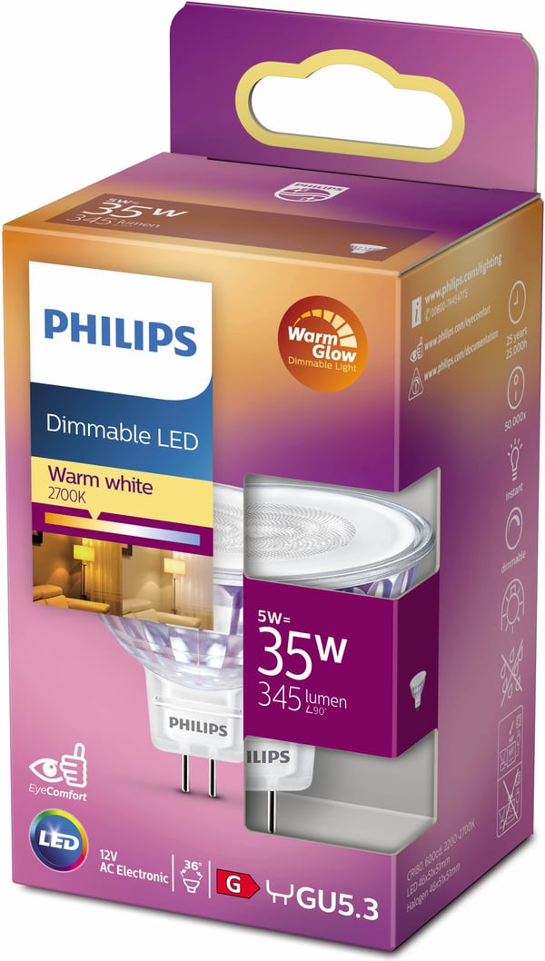Philips Warm Glow LED MR16-pære, 12V, GU5.3, 2200-2700K, 345 lm