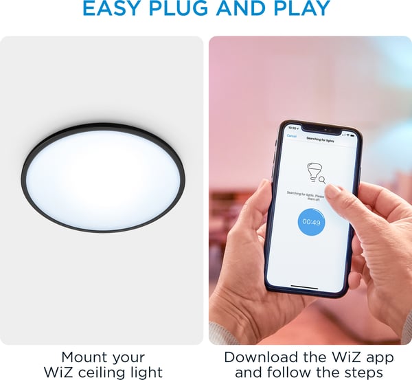 WiZ SuperSlim -takplafond, rund, sort, 16 W, justerbar hvid, Wi-Fi