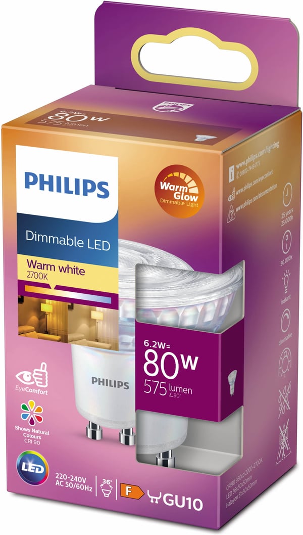 Philips Warm Glow LED-spotlampe, GU10, 2200-2700 K, 575 lm, dæmpbar