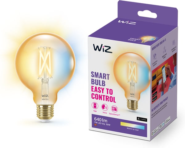 WiZ smartlampa globe, E27, bärnstenfärgat glas, tunable white - vitt ljusnyanser, Wi-Fi, 2000-5000 K, 640 lm, 9 cm