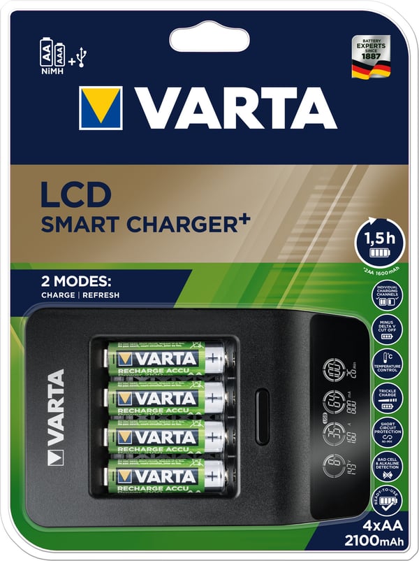 Varta LCD Smart Charger+ -opladningsenhed og 4 stk. AA (LR6) 2100 mAh batterier