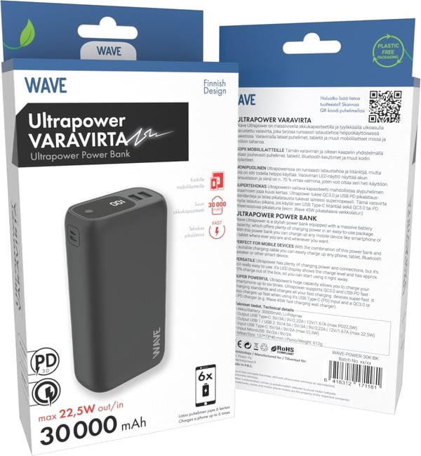 Wave Ultrapower backup batteri, 30.000 mAh, sort