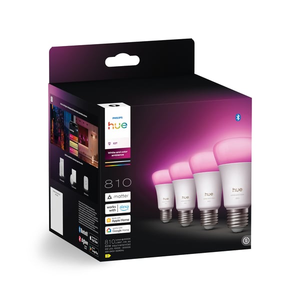 Philips Hue LED-smartlampa, Vit och färgambians, E27, 810 lm, 4-pack