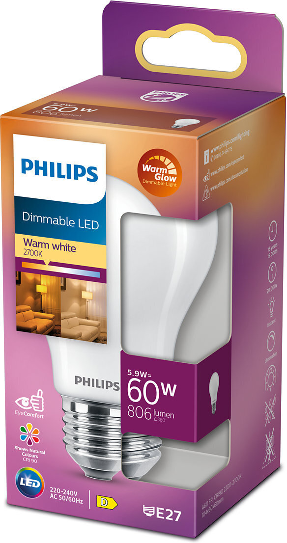 Philips Warm Glow LED-lys, E27, 806 lm, dæmpbar, CRI 90