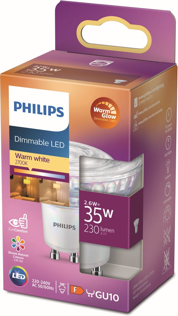 Philips Warm Glow LED-spotlampa, GU10, 2200-2700 K, 230 lm, dimbar
