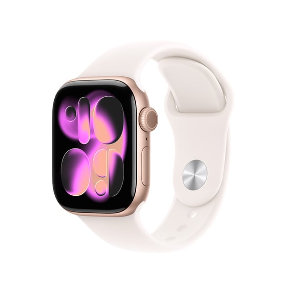 Apple Watch Series 11 (GPS + Cellular) 42 mm roséguld aluminiumkapsel och röd sportarmband, S/M