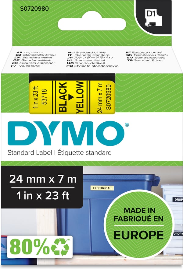 Dymo D1-tejp 24 mm x 7 m, svart med gul bas