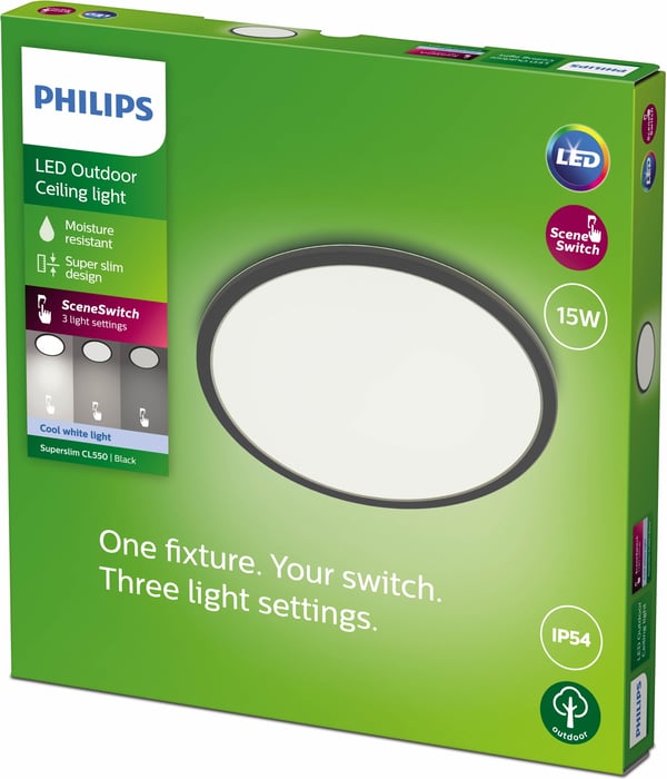 Philips SuperSlim -takplafond för utomhusbruk, SceneSwitch, svart, IP54, 4000K