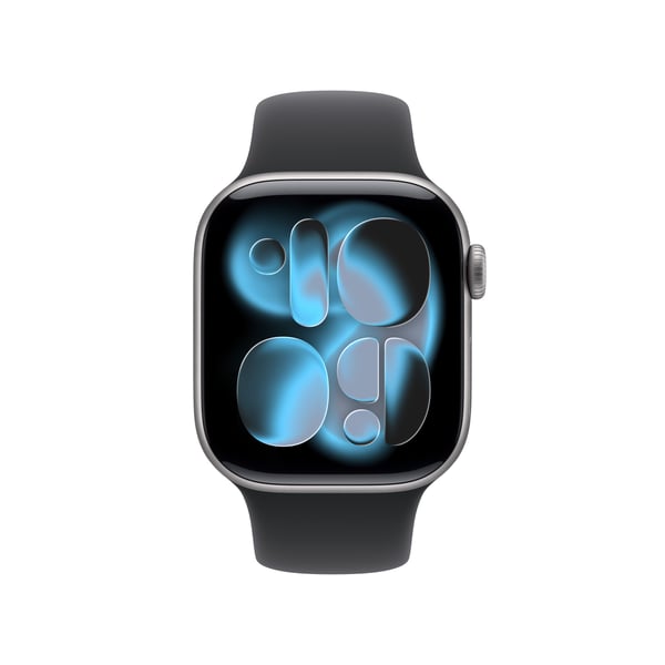 Apple Watch Series 11 (GPS) 42 mm stjärngrå aluminiumhölje och svart sportband, S/M