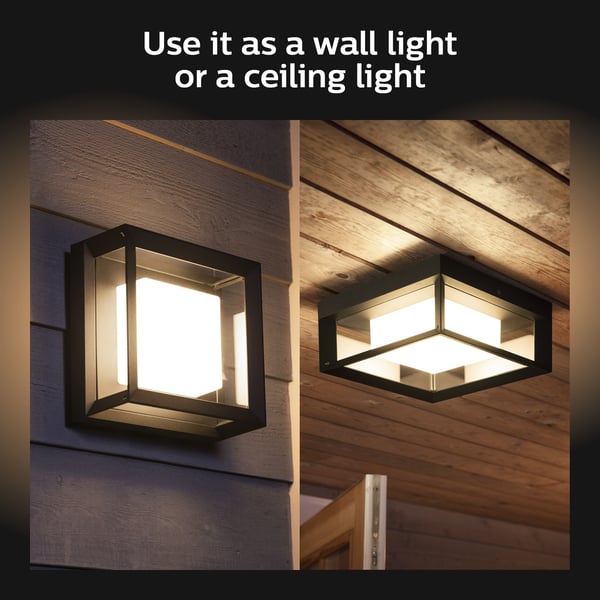 Philips Hue Econic Outdoor-smartvägg-/taklampa, svart, platt, fyrkantig, 26 cm, 1150 lm