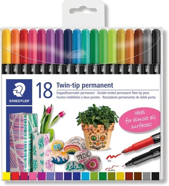Staedtler 2-spetsig fibertuschpenna, 18 olika färger