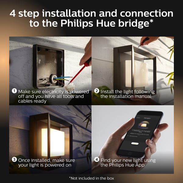 Philips Hue Econic Outdoor-smartvägg-/taklampa, svart, platt, fyrkantig, 26 cm, 1150 lm