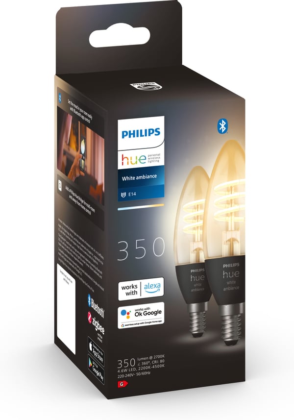 Philips Hue - filamentintelligent lampe, White Ambiance Filament, E14, 2-pack