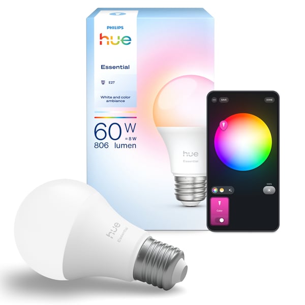 Philips Hue Essential smart lampa, vit och färgad belysning, E27, 806 lm