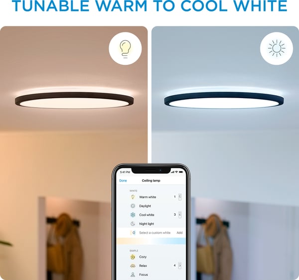 WiZ SuperSlim -takplafond, rund, sort, 16 W, justerbar hvid, Wi-Fi