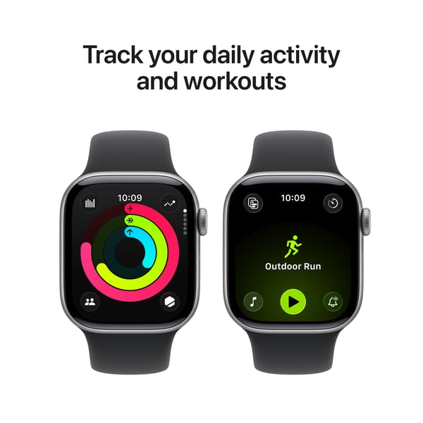 Apple Watch Series 11 (GPS) 42 mm stjärngrå aluminiumhölje och svart sportband, S/M