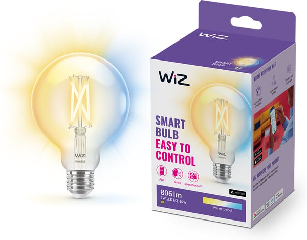 WiZ smartlampa globe, E27, klar glas, tunebar vit - nyanser av vitt ljus, Wi-Fi, 2700-6500 K, 806 lm, 9 cm