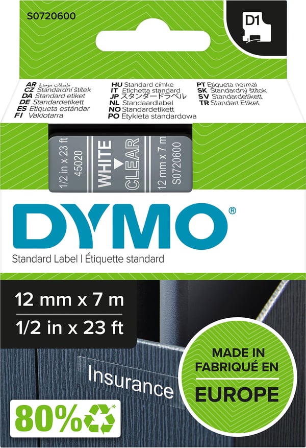 Dymo D1-tejp 12 mm x 7 m, vit med transparent bakgrund