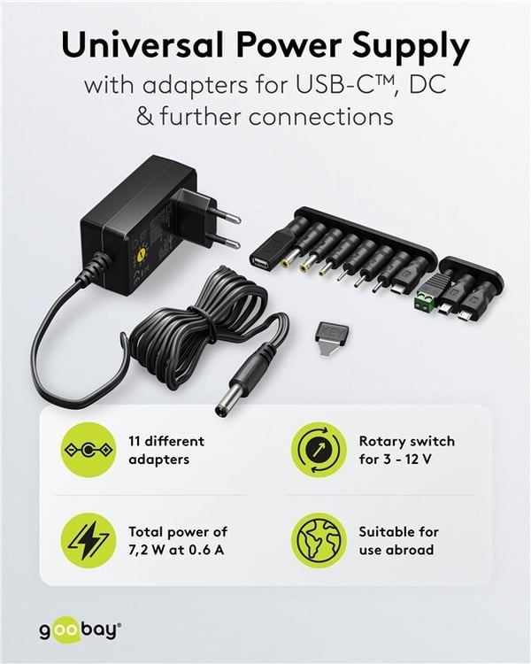 Goobay universalkraftadapter, 3-12 V, 7.2 W, 0.6 A